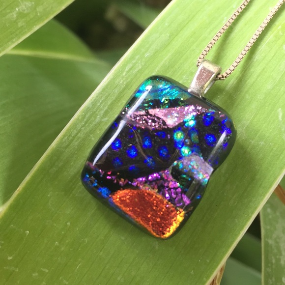Glass Multicolor Glitter Square Necklace Pendant - Picture 2 of 3